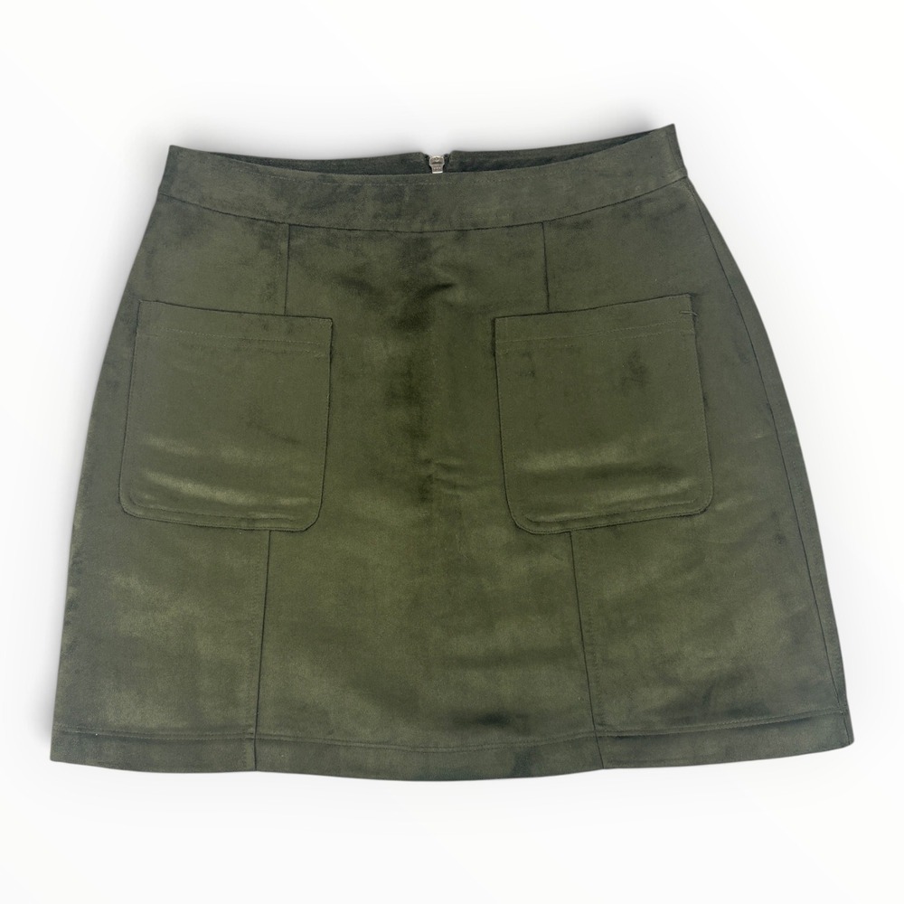 Olive Faux Suede A Line Mini Skirt Womens 4 Back Zip Pockets Fall Dark Academia